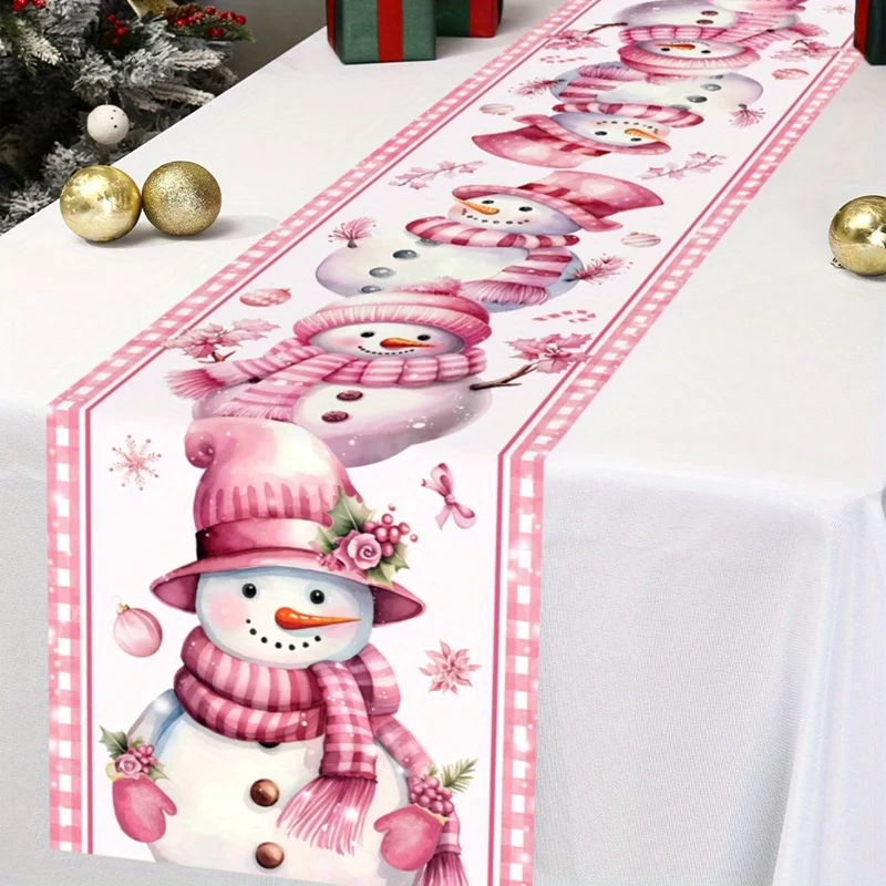 1 Piece of Pink Christmas Snowman Table Runner, Pink Plaid Edge with Pink Hat and Scarf Snowman, Snowflake Pattern, Suitable for Christmas Parties, Girlfriends' Tea Parties, Girly Home Furnishings, Family Restaurants, Holiday Markets, Cozy Cafes, Handmade Studios, Winter Decorations