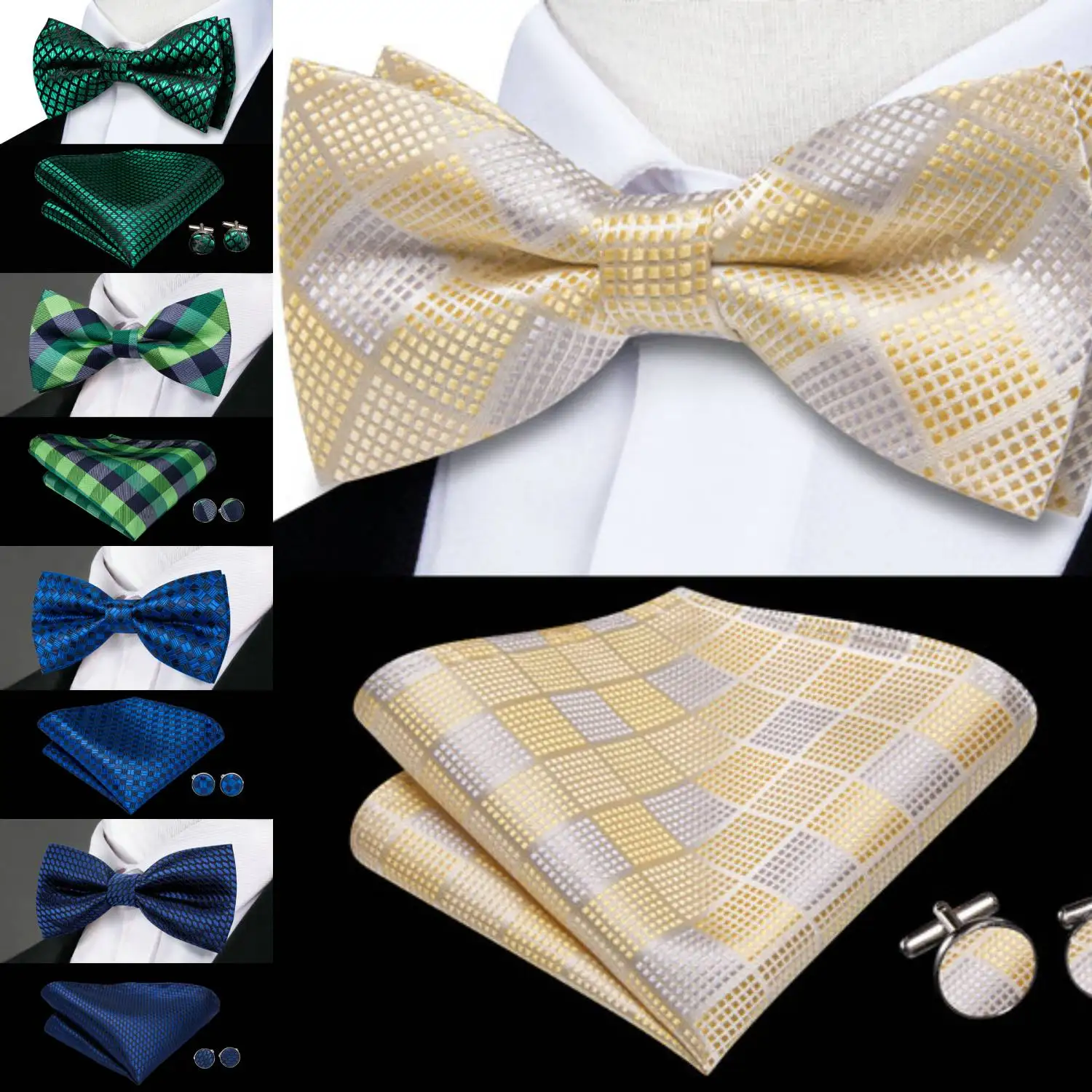 3PCS Mens Bow Tie Hanky Cufflinks Pre-tied White Pink Solid Floral Stripes Paisley Bowtie for Male Wedding Business Gift Party