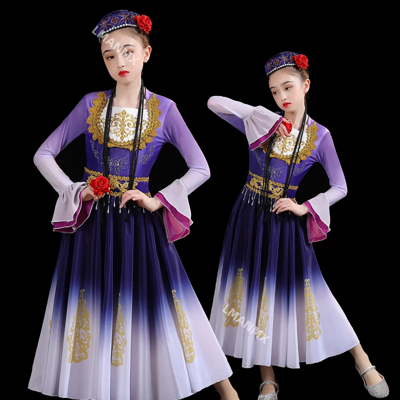 Traje de performance de dança xinjiang infantil, mãos inspiradas em 56 minoriais étnicas, saia grande de dança uigur
