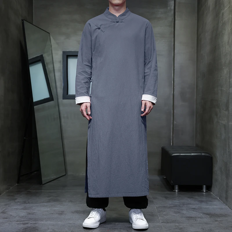 2025 Mens Natural Linen Cotton Ultra Long Length Robes Men Kung Fu Tai Chi Robe Costume Cross Talk Gown Cheongsam Weddin Dress