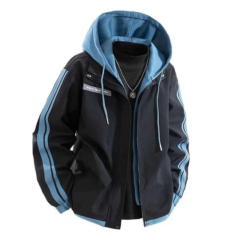 

Мужская демисезонная куртка-бомбер с капюшоном, имитация двухслойности, повседневная, свободного кроя, в стиле пэчворк, уличная одежда, водонепроницаемое пальто 2026