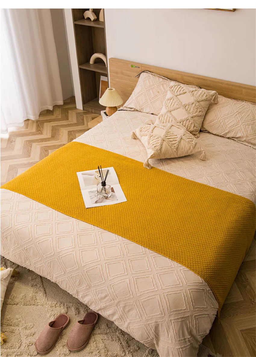 Nordische Decken für Bett, Sofa, Couch, grob gestrickte Tagesdecke, gestrickte Überwurfdecke mit Quaste, einfarbige Waffel-geprägte Decke – Detail 10