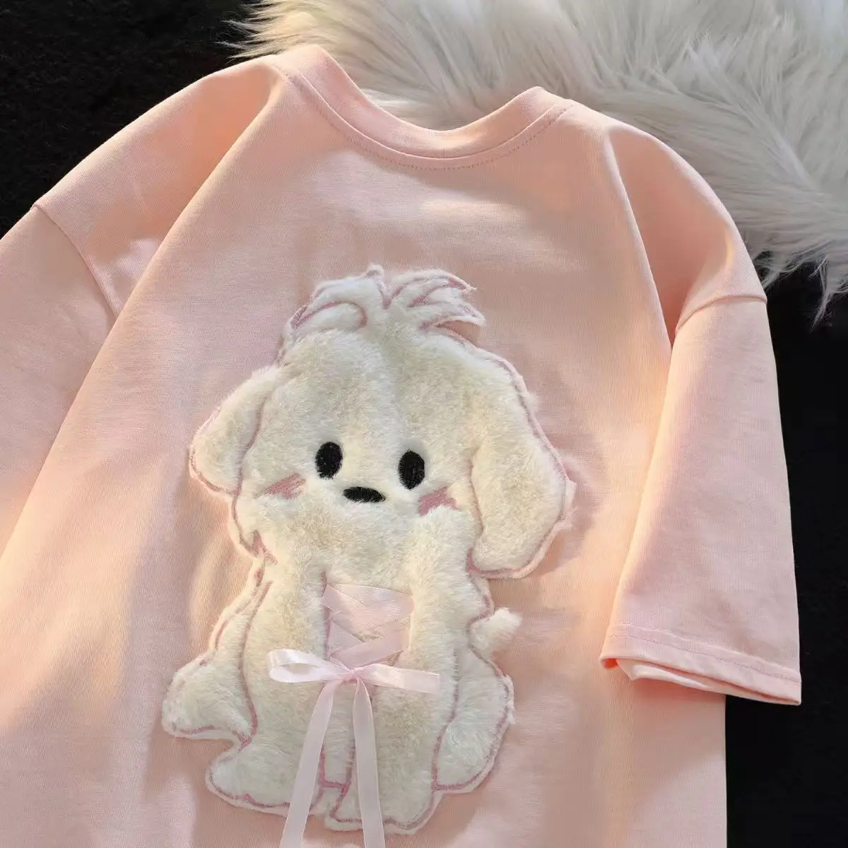 Kawaii Japan Furry Embroidery Puppy Cartoon T-shirts Korean Blue Pink Lolita Style Summer Tops Short Sleeve Loose Y2K Tops