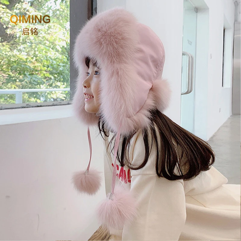 Fox Fur Hat Boy Girl Cap Winter Ear Protection Warm Children Leather Bomber Hats Fur Hat Winter Real Raccoon Fluffy Russian Hat