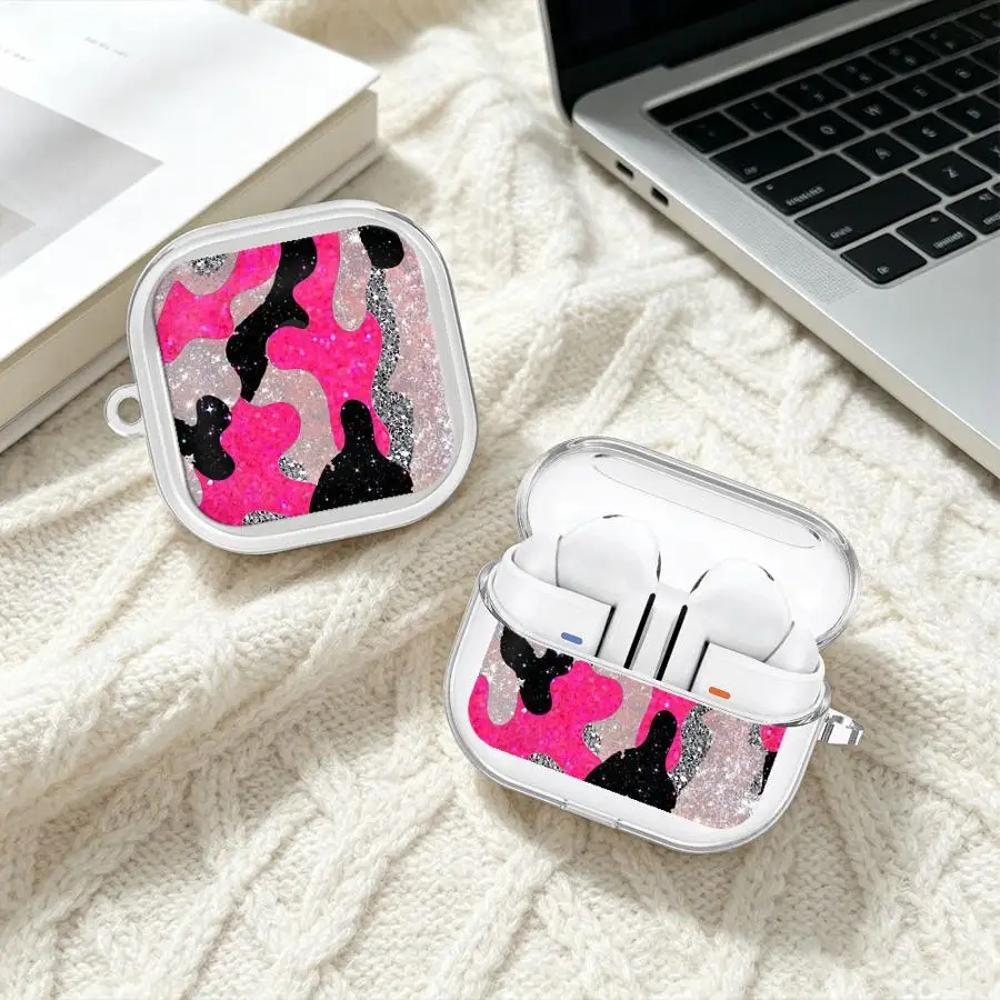Case For Samsung Galaxy Buds 4 Pro 2Pro 3Pro 2 4Pro 3 FE Live Clear Earphone Cases Cover With Hook Purple Glitter Camouflage