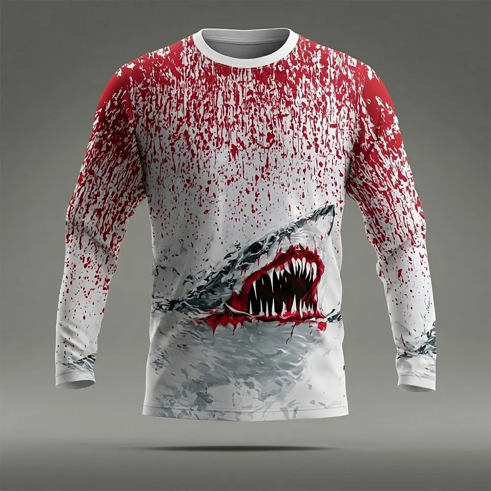 Halloween Men's Shark Blood stains T Shirt Long Sleeve T shirt 3D Print Crew Neck Shirt Halloween Terror Men's T-shirts clothing