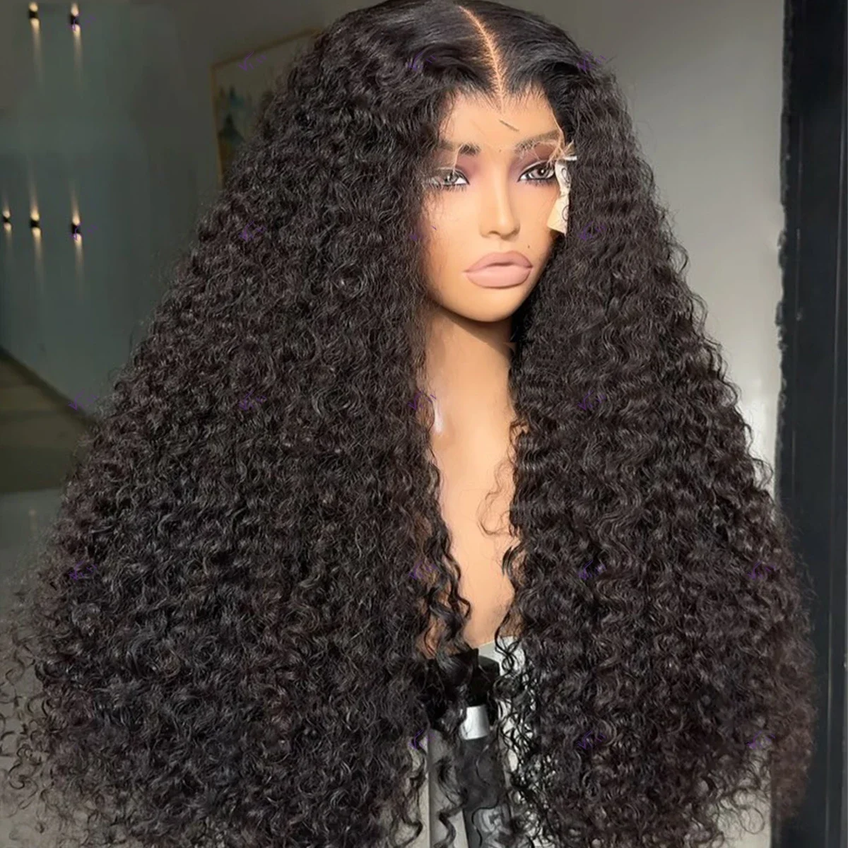 Perruque Lace Front Wig sans colle bouclée crépue noire naturelle pour femme, cheveux de bébé préplumés, long, densité 180, degré de chaleur, 26 po, 03/3