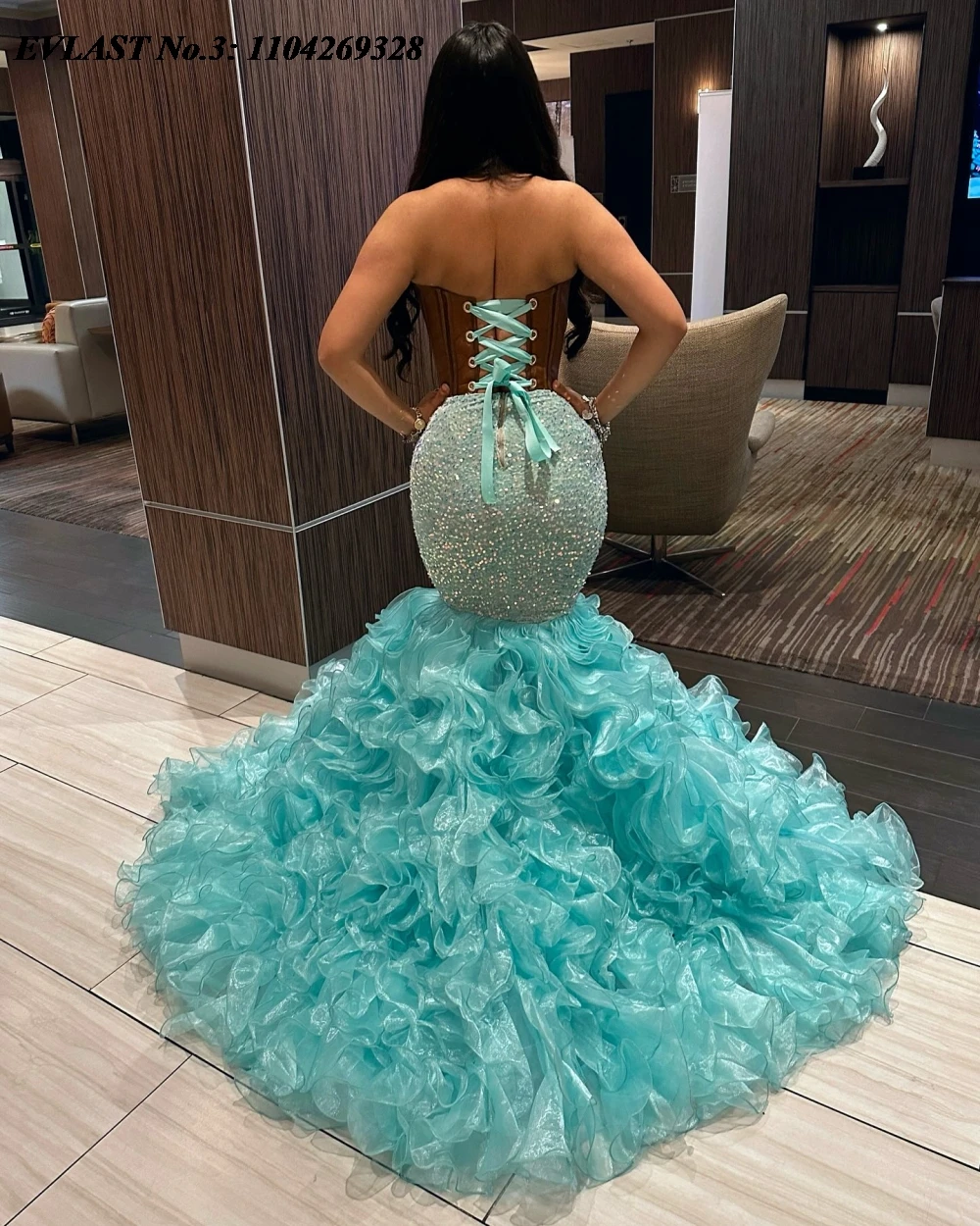 EVLAST personnalisé africain sauge vert volants robe De bal perles De cristal sirène robe De soirée noir filles robes De Festa E3P117