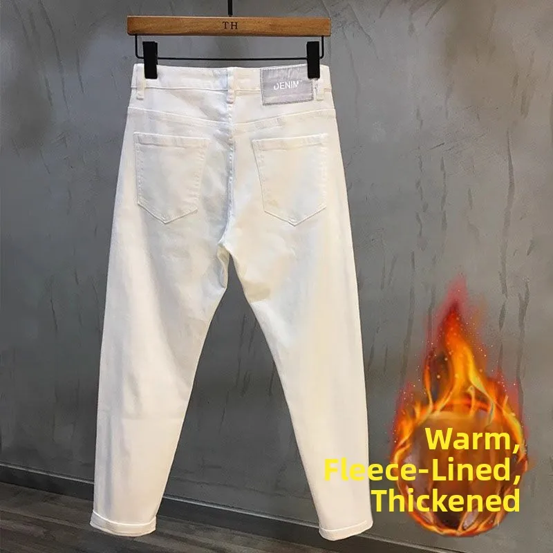 

Мужские джинсы Slim Fit, белые, универсальные, повседневные, из девяти предметов, модные брендовые, весенне-осенние, элитные тонкие леггинсы, молодежные (3)