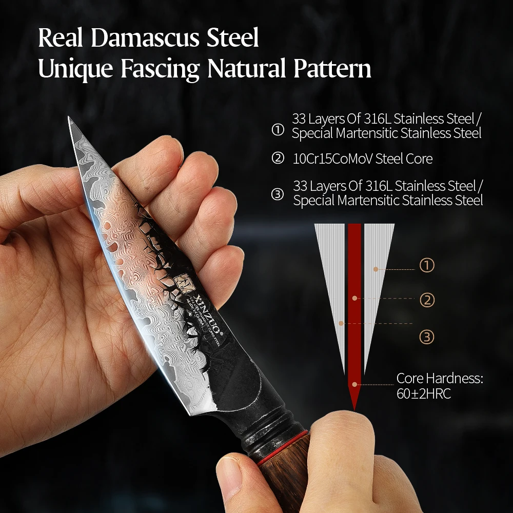 XINZUO Mo Series 4.2-inch Damascus Paring Knife—Exceptionally sharp, 6.0 - 8.0N cutting force, anti-rust, in stylish gift box