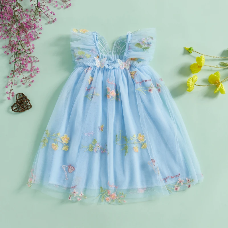 

Elegant Baby Girl Sleeveless Tulle Dress with Square Neckline and 3D Butterfly Detail - Toddler Party Princess Dress