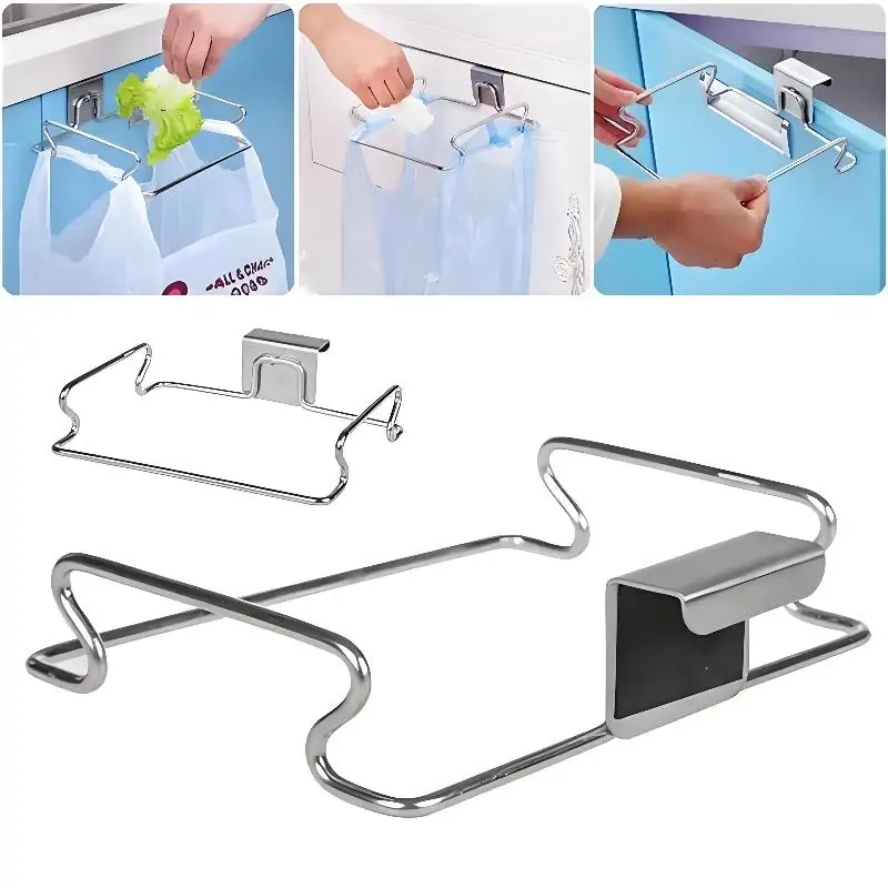 Stainless Steel Garbage Bag Holder Mount On Cabinet Door Kitchen Trash Rack Closet Garbage Storage Organizer For Household Use