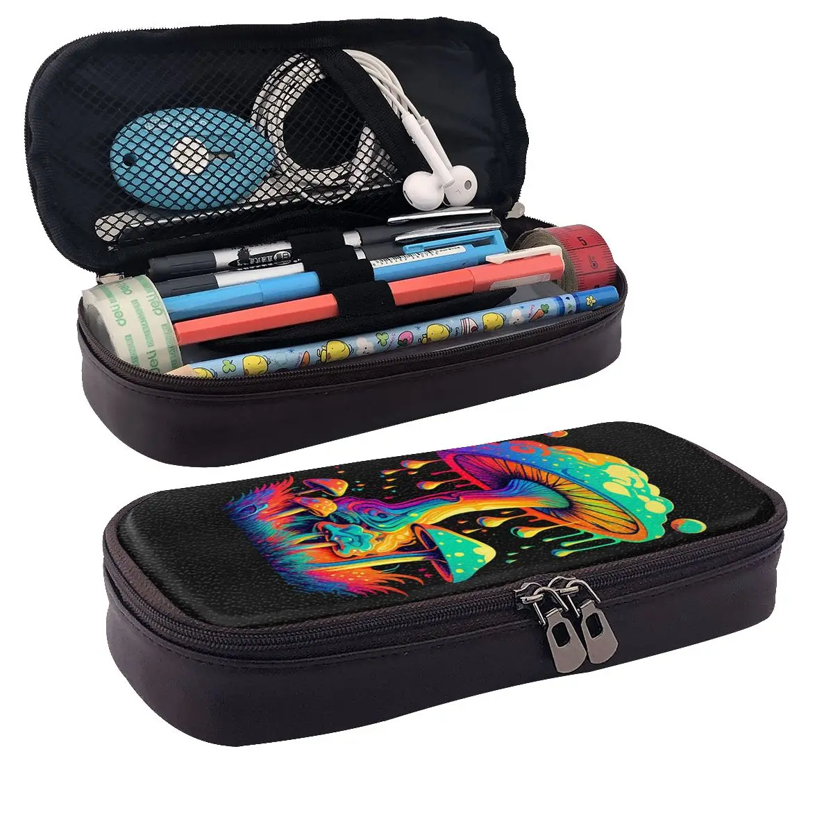 Mystical Fungi Magic Mushroom Psychedelic Trippy Hippie Leather Pencil Cases Pen Holder Large Capacity Pen Box Pencil Bag