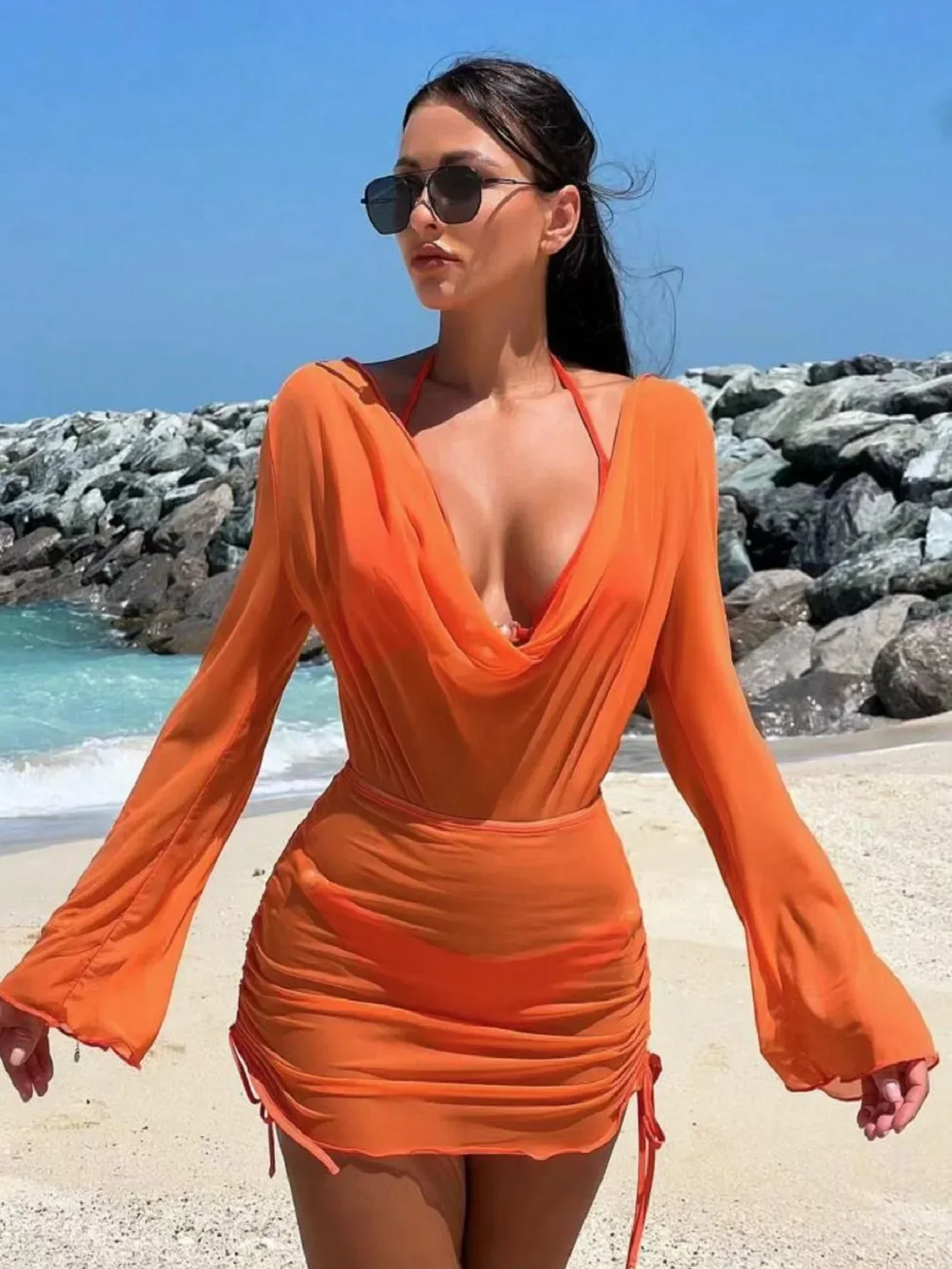 3PCS Bikini with Cover Ups Sexy Backless Mesh Women Swimsuit Swimwear Push Up Biquini Biquine Brasileiro Bathing Suit Beachwear