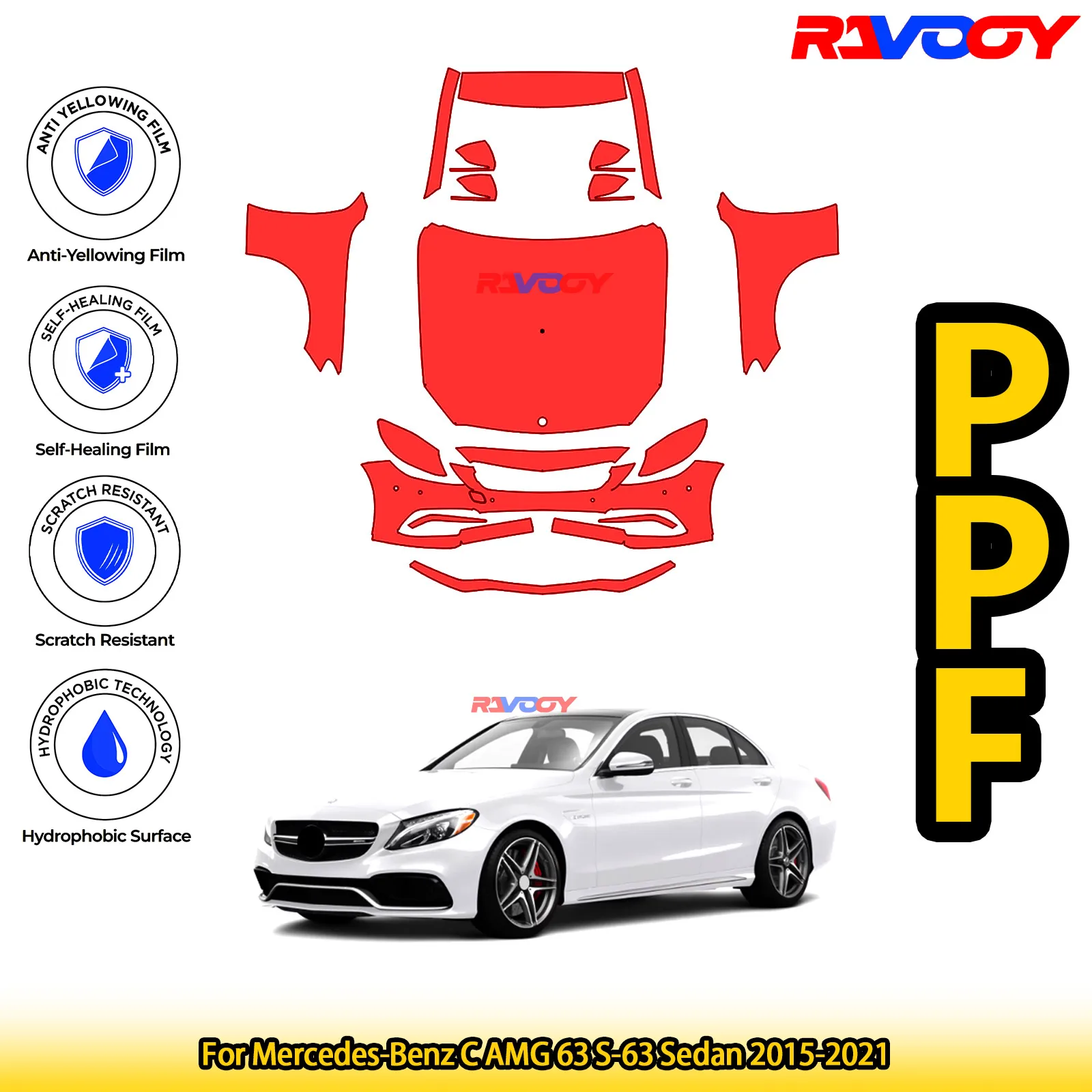 

For Mercedes-Benz C AMG 63 S-63 Sedan 2015-2021 Glossy Matte Black Precut front PPF Kit Paint Protection Film