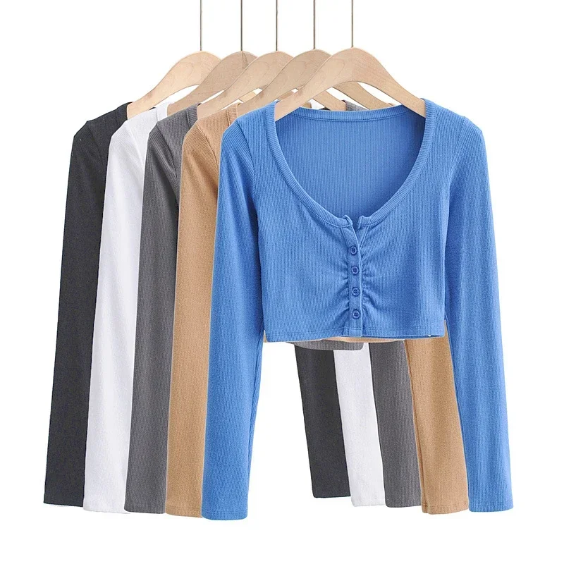 Korean Slim V-neck Long Sleeve Bottomed Womens Tops And Blouses High Street Solid Color Open Navel Cardigan