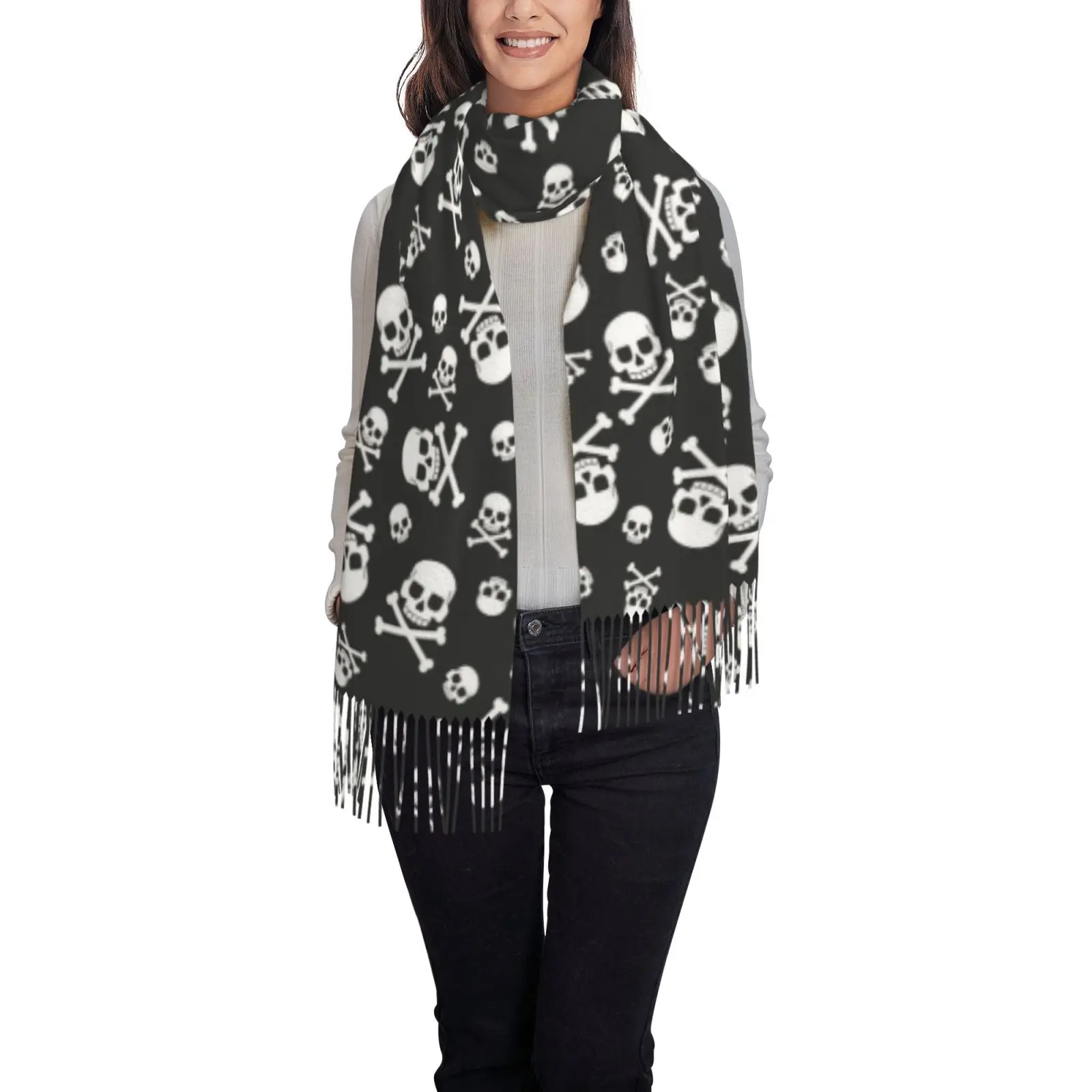 Skull Crossbones Print Tassel Scarf for Women, Soft Thick Winter Warm Shawl Wrap, Halloween Party Daily Outerwear