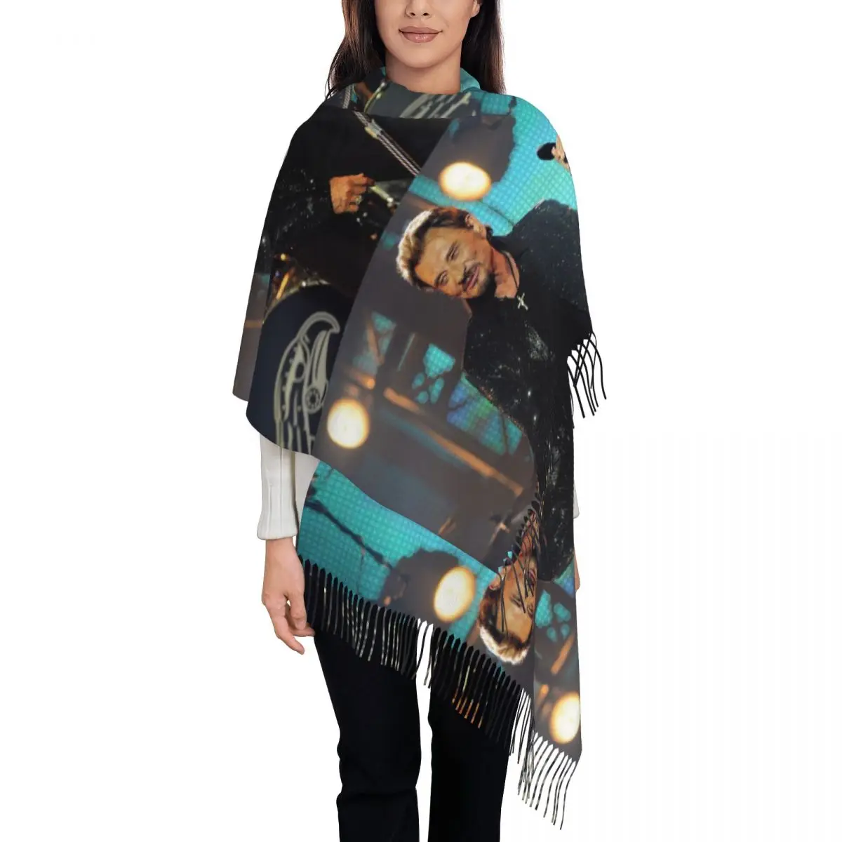 

Женский шарф с кисточками Johnny Hallyday Singer, длинная зимне-осенняя шаль, модные подарки, кашемировый шарф