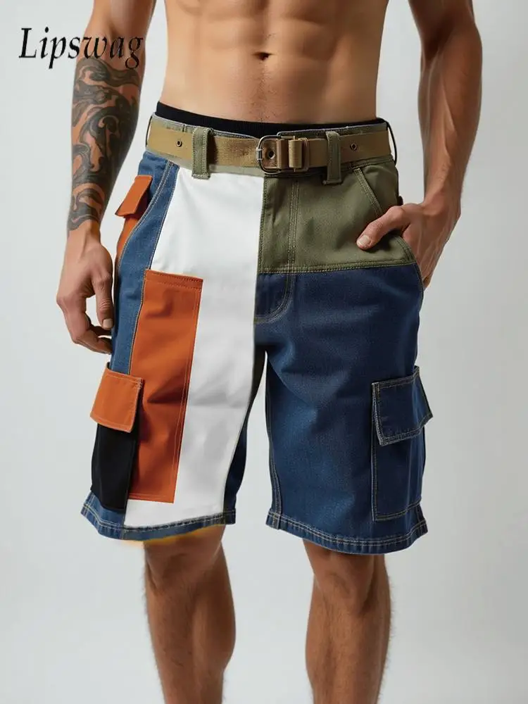 

2026 Summer Outdoor Casual Mens Cargo Shorts Fashion Contrast Color Patchwork Shorts Men Daily Leisure Loose Multi Pocket Shorts