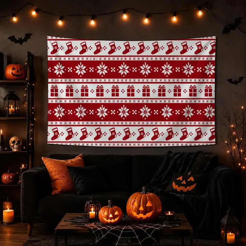 Vintage Xmas FairIsle  Polyester Wall Tapestry, Warm Bedroom Background Cloth Healing Household Decoration Wall Decor Gift