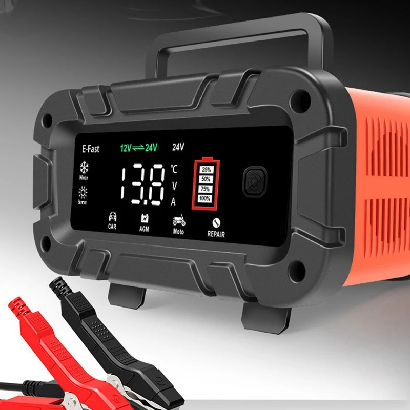 E-Fast 7-Segment 12V24V Car Battery Charger, Lead-Acid 12V24V Charger, Lcd Car Charger, Motorcycle Charger US Plug