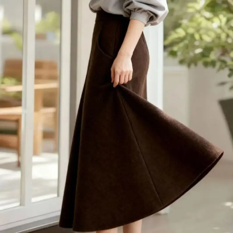 New Fashion Woolen Skirt Women Autumn Winter Warm High Waist A-line Solid Color Elegant Long Skirts Office Lady Jupe