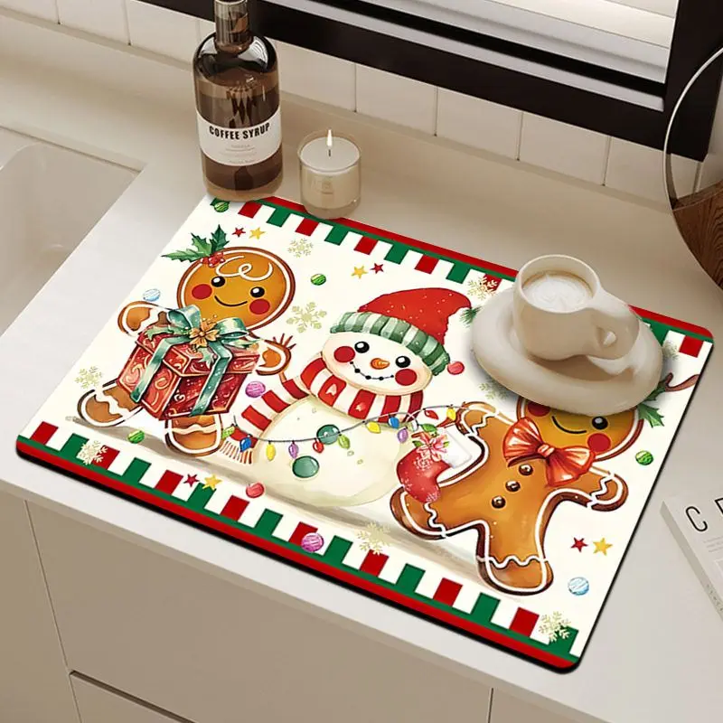 VIKAMA Kitchen Absorbent Mat Gingerbread Snowman Gift Light Non Slip Counter Dish Drying Christmas Decor