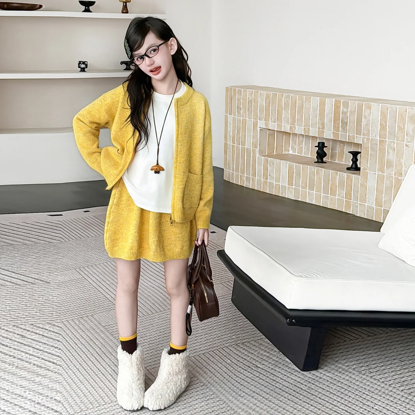 Teenager Girls Sweater Set Autumn 2026 Children's Knitted Cardigan Top and Skirt 2Pcs Outfits Stylish Kids Clothes Suits