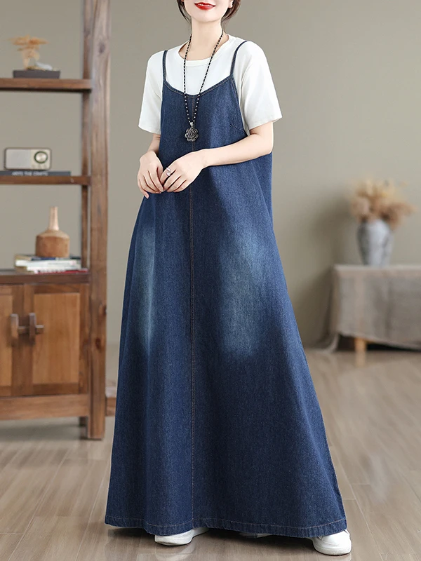 Autêntico solto sentir denim ter dr vintage preguiçoso vaion longo dr feminino solto ajuste a linha dr redondo ne ort sve