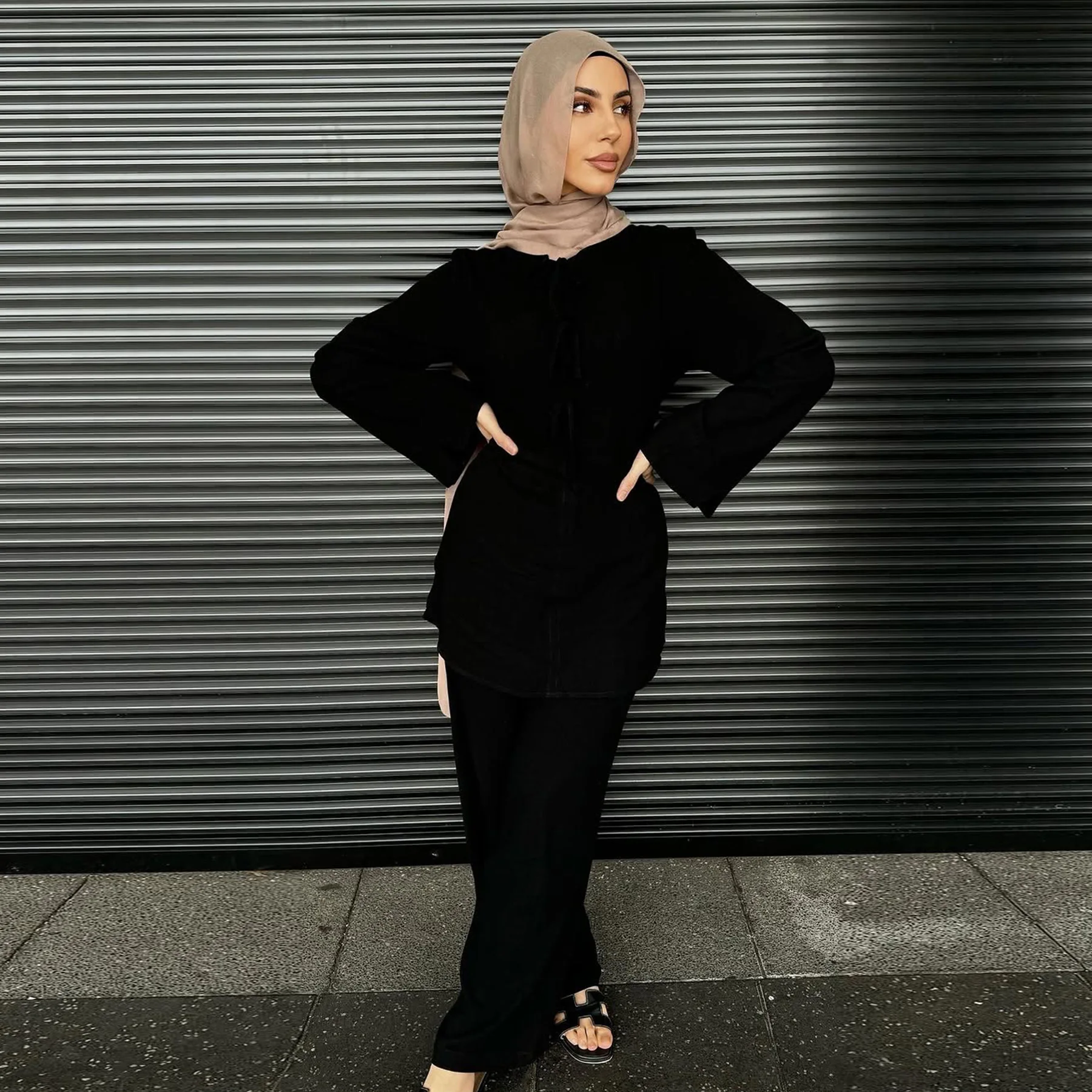 Eid Ramadan Dwuczęściowe Zestawy Topy i Spodnie Kobiety Muzułmanin Abaya Marokański Kaftan Islam Odzież Musulman Ensembles 2025 Bow Outfits