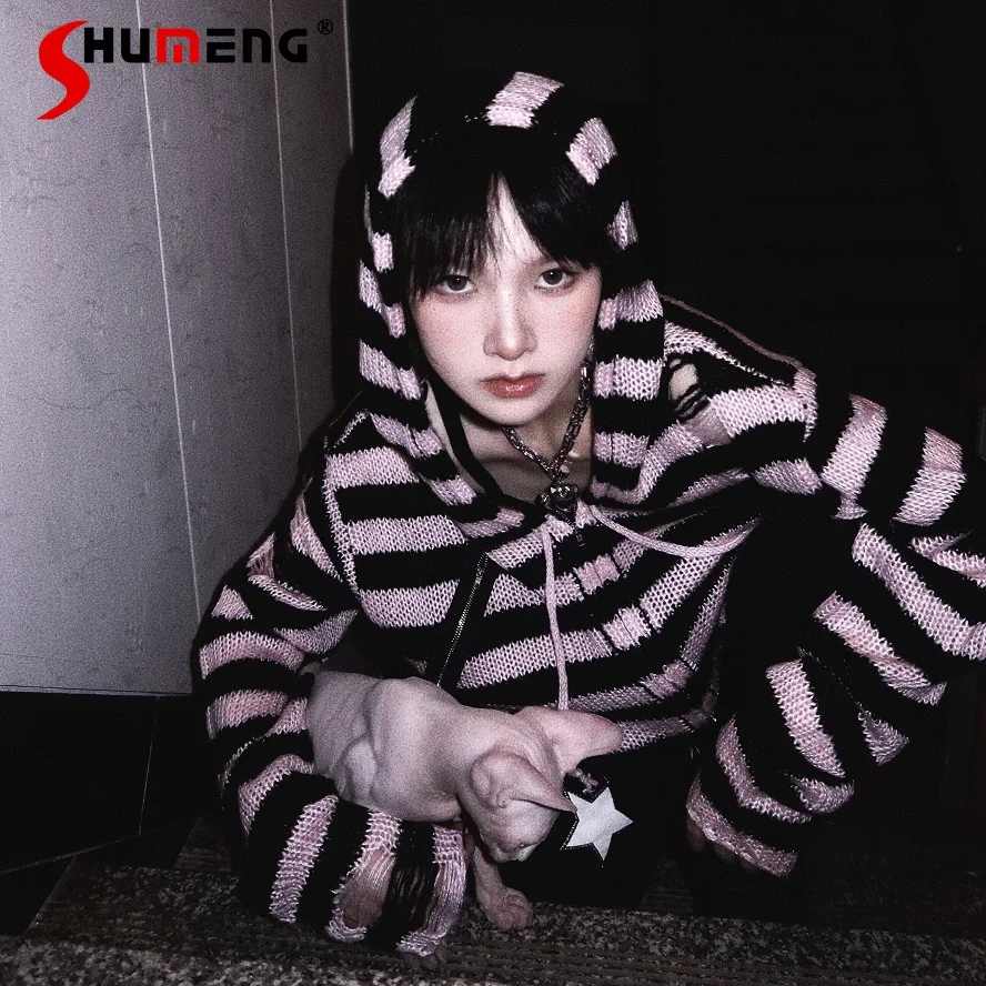 2000s Hot Girl Striped Gothic Hooded Loose Knitted Sweater Pullover Women Autumn New Fashion  Long Sleeve Cardigan Zipper Jacket