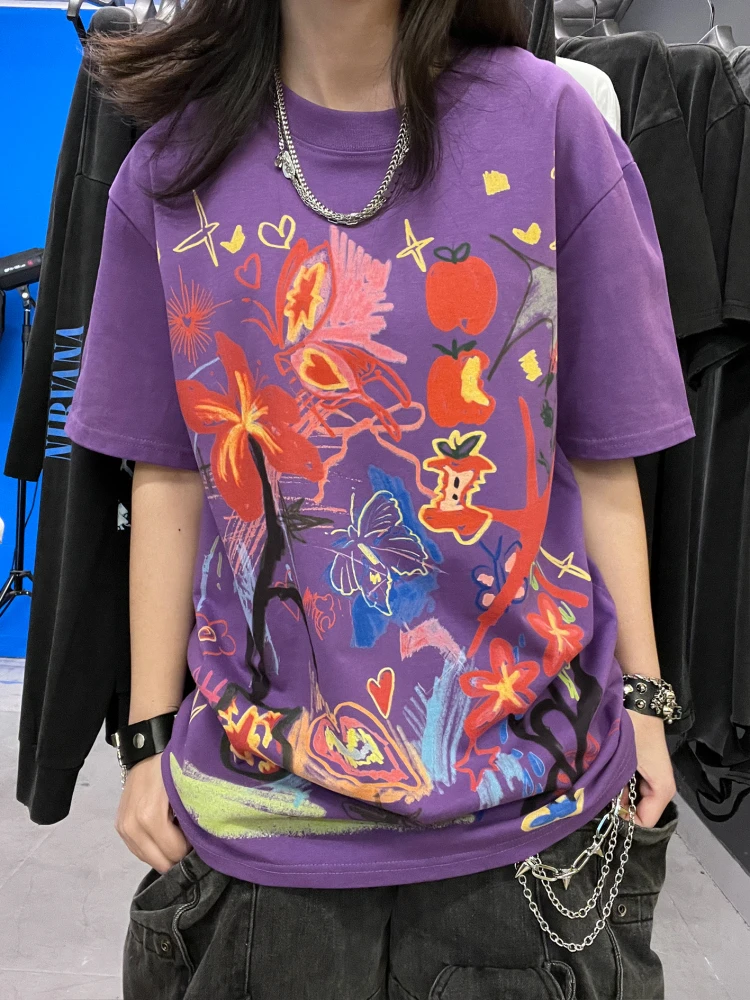 Heavyweight 260G  Doodle Graffiti Purple Art Feel Short Sleeve T-Shirt Unisex Couple Cotton Polyester Spring Summer Top