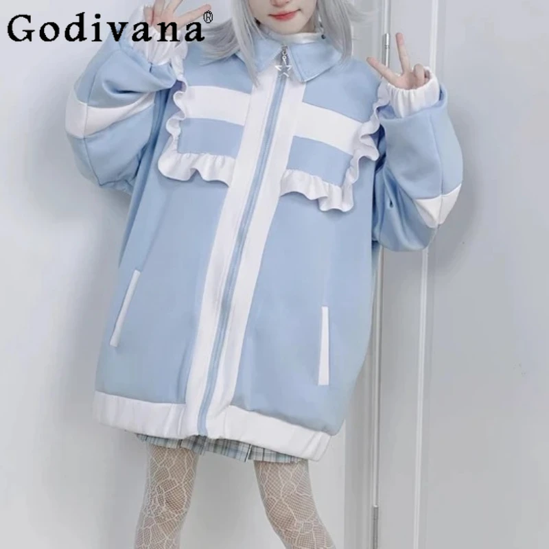 اليابانية الحلو الوقوف طوق طويلة الأكمام الحد من العمر سترة سترة فتاة الخريف الشتاء الكشكشة فضفاضة موضة جاكيت زيبرا #3