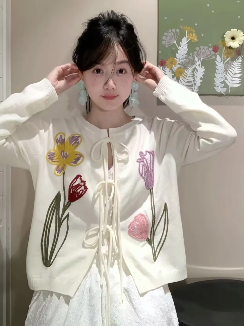 Womens Knit Cardigan Embroidered Flowers Lace up Sweater Spring