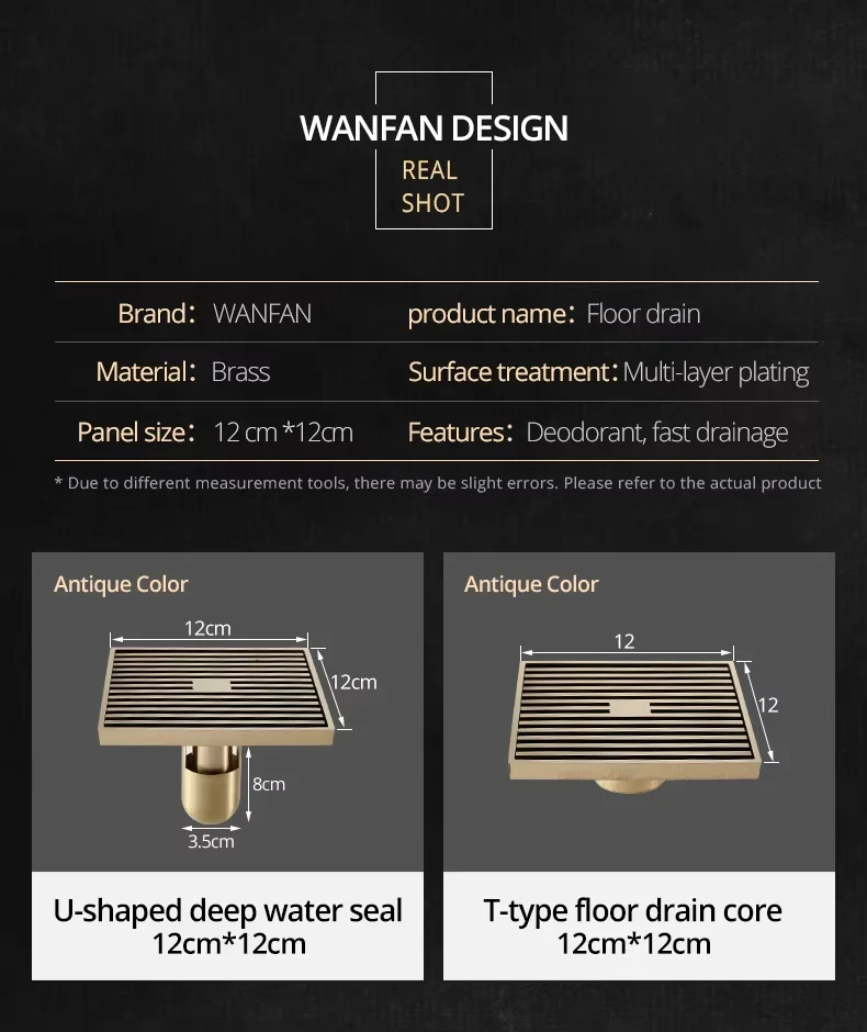 Shower Drains 12*12cm Square Bath Drains Strainer Hair Antique Brass Art Carved Bathroom Floor Drain Waste Grate Drain