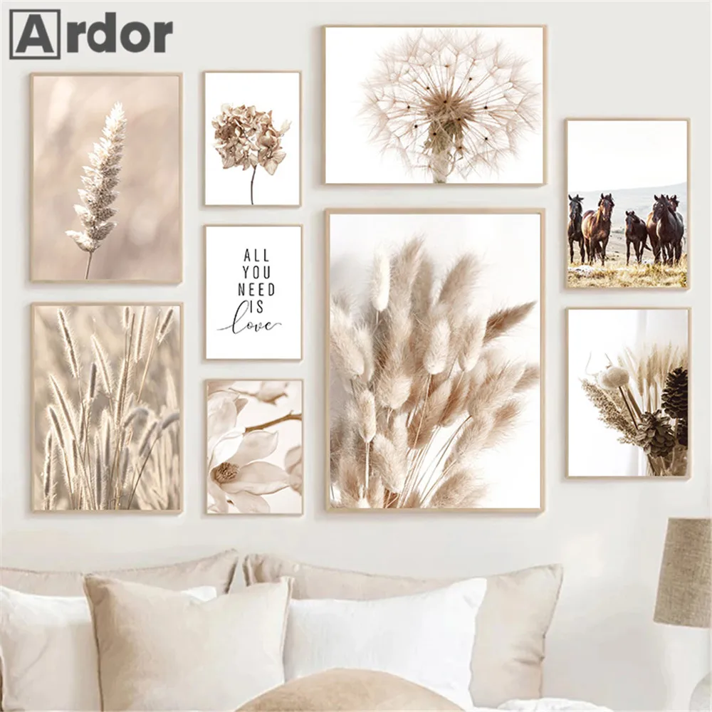 Dried Flower Plant Hay Reed Wall Art Poster Dandelion Canvas Print Horse Painting Beige Posters Nordic Wall Pictures Home Decor