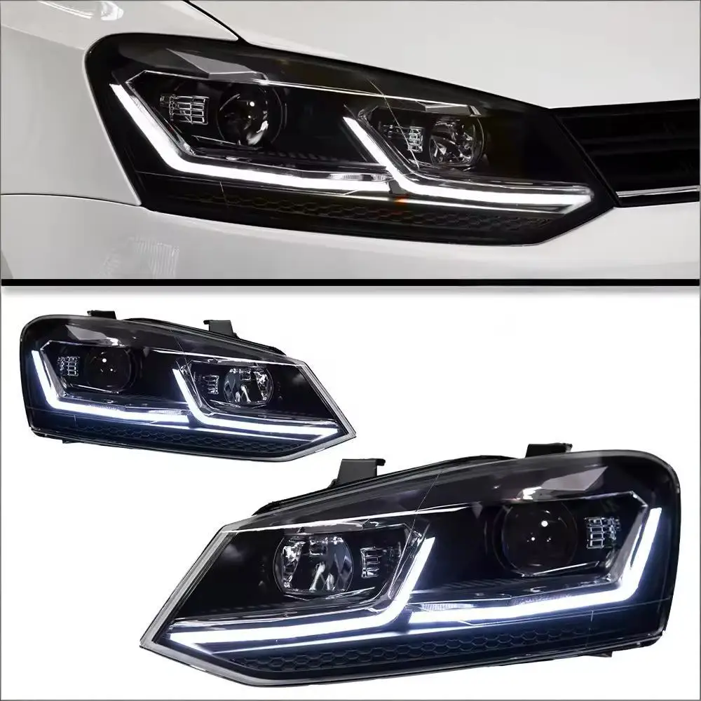 A set 2011-2018 For Polo 12V LED Lens Headlight Assembly Modification With Dual L-shaped Daytime Running Lights Turn Signals