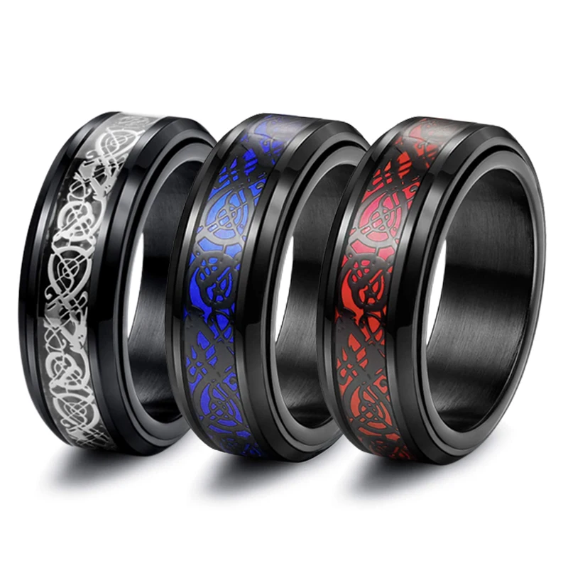 

Fashion Men's Stainless Steel Celtic Dragon Rotatable Ring Inlay Red Blue Black Carbon Fiber Ring Wedding Band Jewelry Wholesale