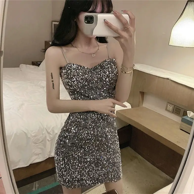 Korea Sequins Dresses Women Sexy Vintage Tunic Elegant Ladies Spaghetti Straps Fashion Solid Mini Night Party Slim Vestido