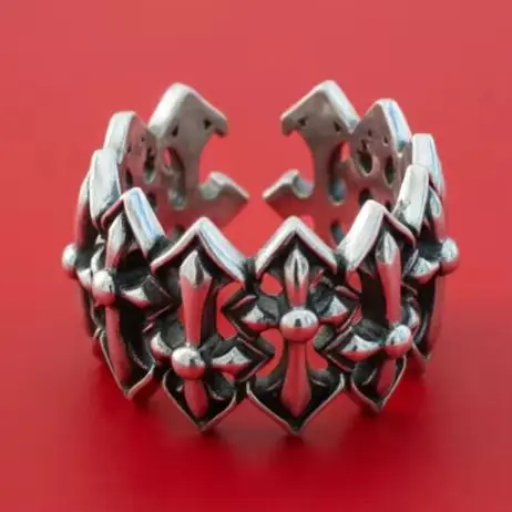 

S925 Sterling Silver Vintage Personality Hollow Cross Ring Opening Ring European and American male punk trend wide face ring