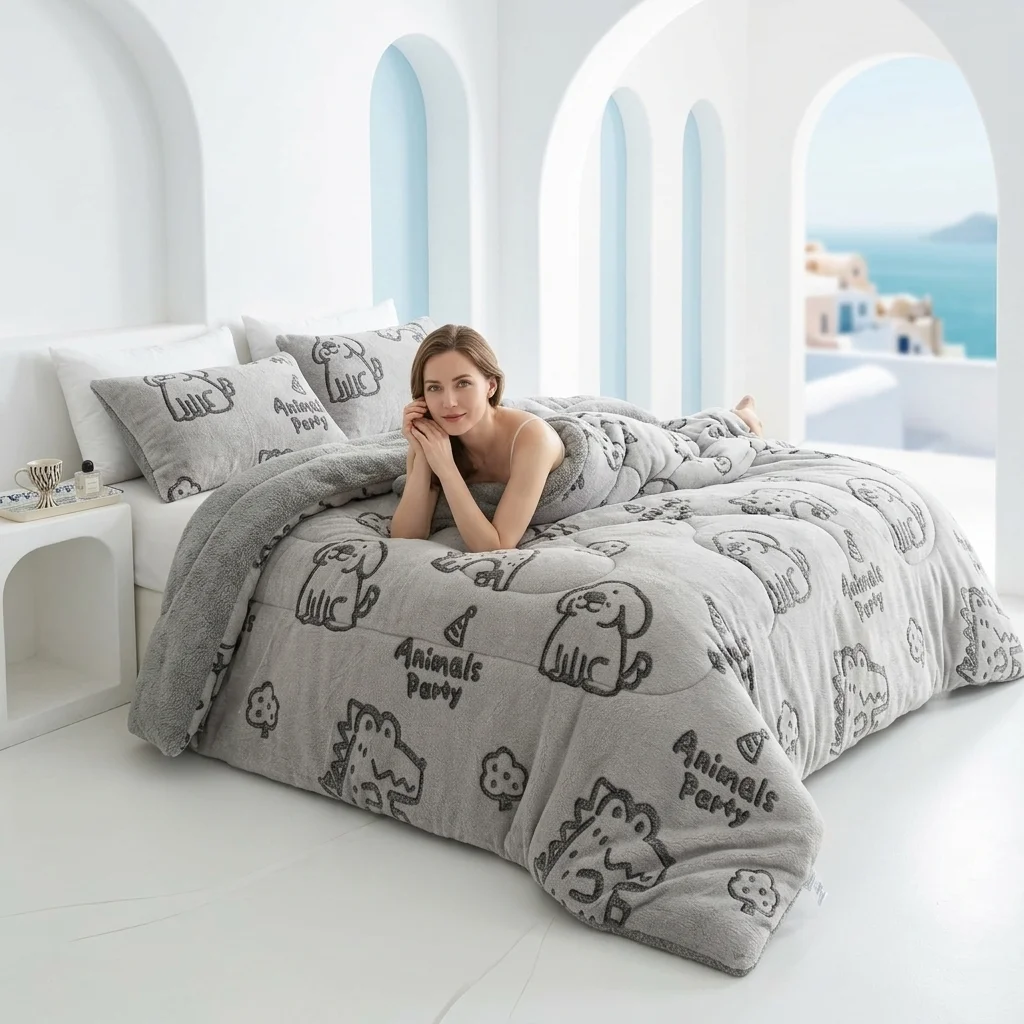 1pc Thickened Snowflake Fleece Blanket  Autumn And Winter Lamb Fleece Cover Blanket  Floral Cartoon Quilted Comforter  Soft And Thick Multifunctional Cover  Plush Warm  Specially Designed for Hotel And Home Bedrooms