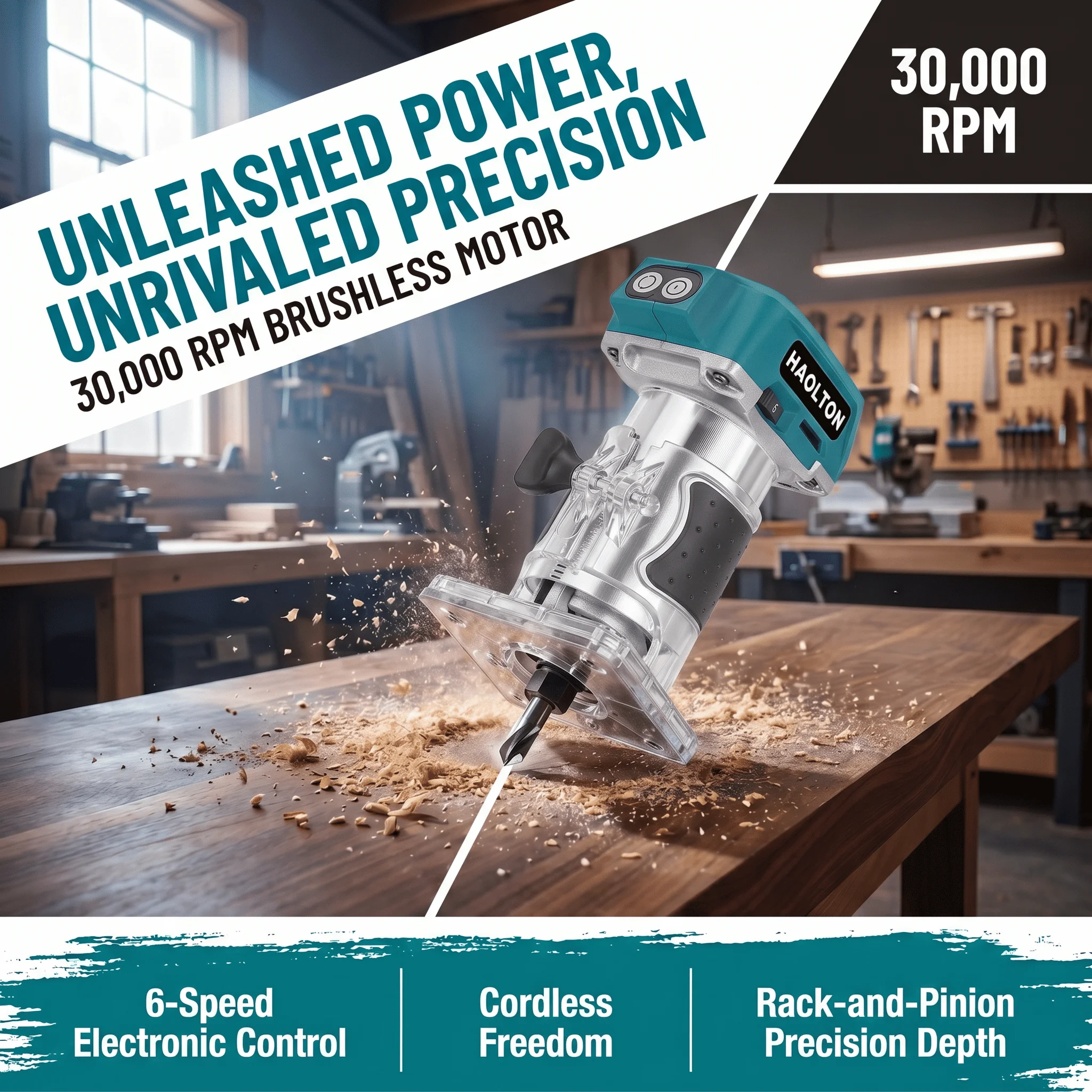HAOLTON Brushless Cordless 30000RPM Router Trimmer, 1/4