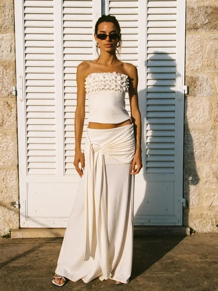 

Twisted Ribbon Strapless Top Skirt Set Stereo Flower Female Slim Fit Crop Vest Blouse Lace Up High Waist Maxi Wrap Hip Skirts