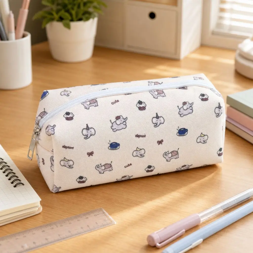 Cute Elephant Print Pencil Case Zipper Closure Rectangular Shape Pen Pouch Soft Sided Cake Pattern Cosmetic Pouch Makeup Storage