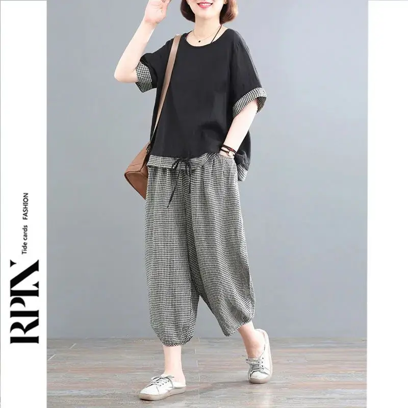 Conjuntos de correspondência de moda folk verão novo solto oversized linho xadrez terno de duas peças feminino shirring conjuntos de cintura elástica jj736