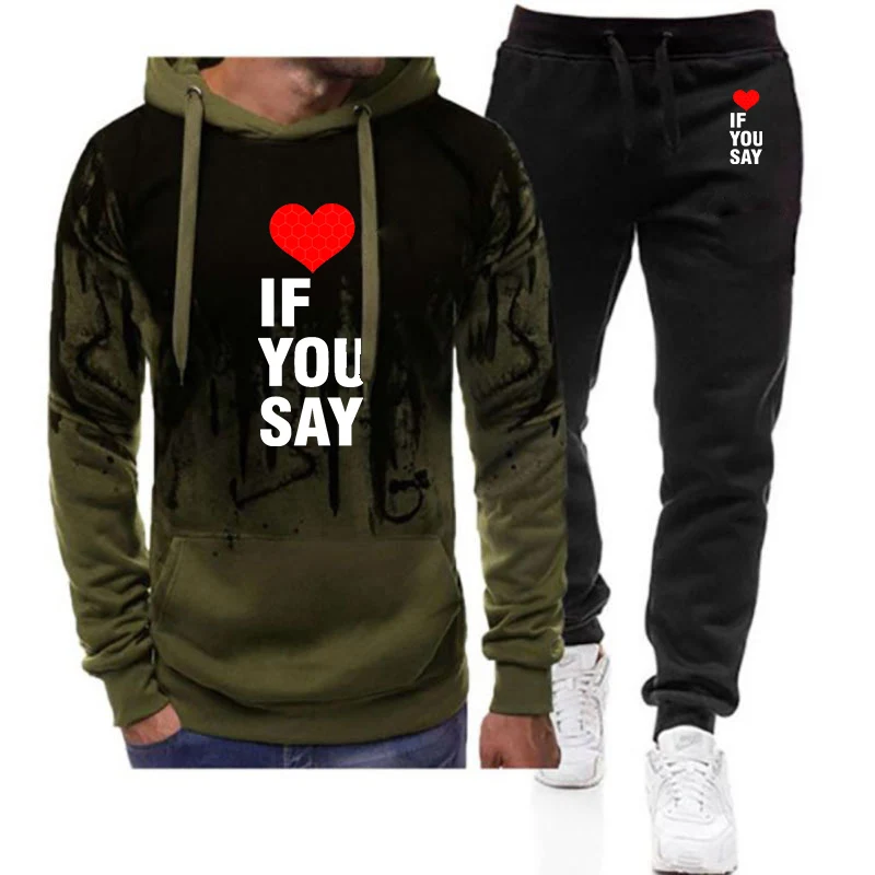 

2026 Love If You Say Print Men's New Spring And Autumn Gradient Color Classic Hooded + Casual Pants Two Piece Suit