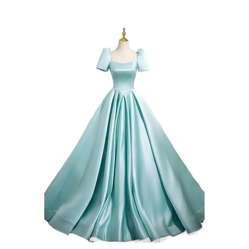 New Women's Satin Slimming Evening Dress Fashionable and Elegant Backless Strap Short Sleeved Banquet Performance Hosting Dress