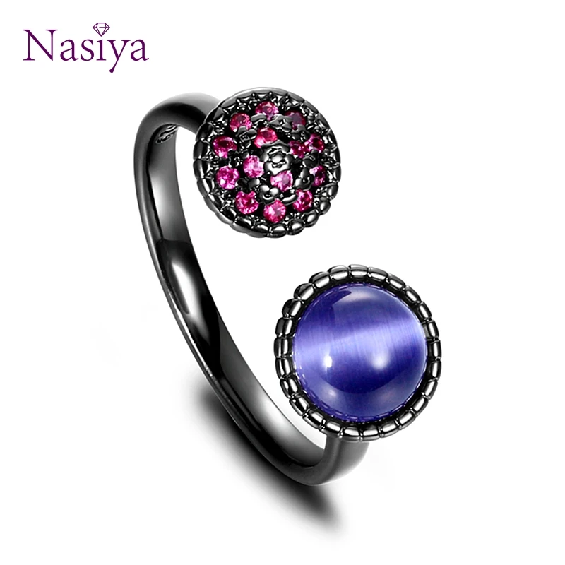 NASIA Ring for Women Adjustable Opening Finger Rings Black Plated Cat Animal Crystal Green White Eyes Rings Fashion Jewelry