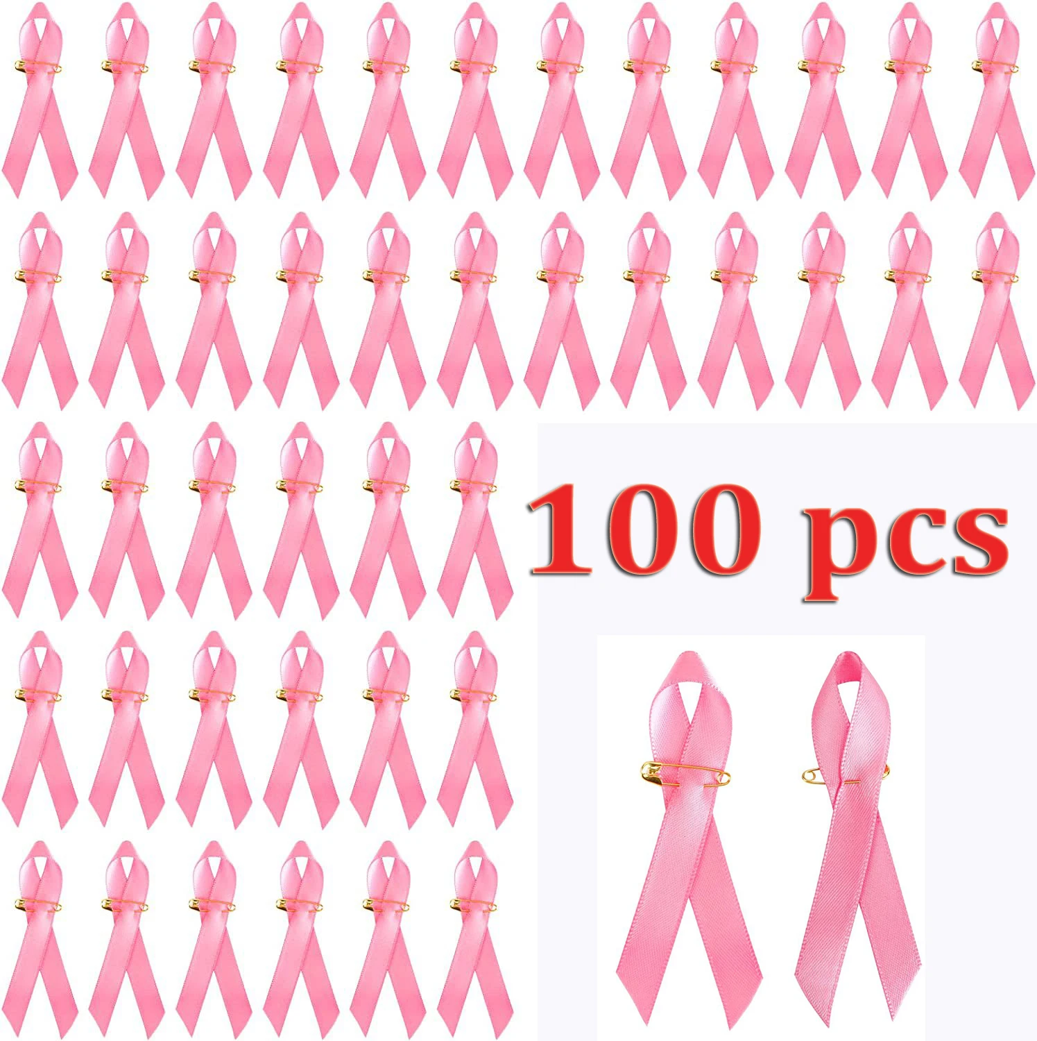 100pcs Pink Ribbons Breast Cancer Awareness Satin Lapel Pins for Charity Event Survivor Campaign Welfare Party Supplie