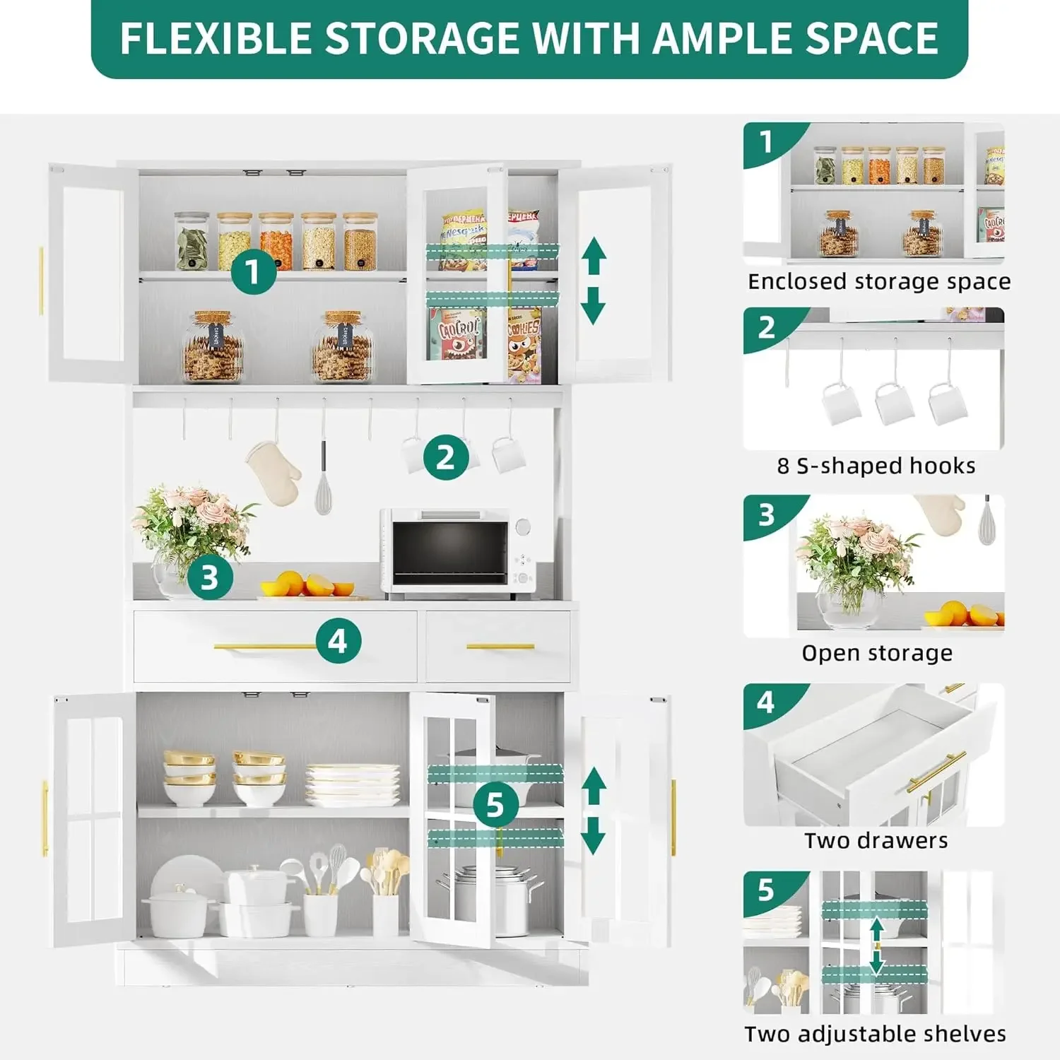 Kabinet penyimpanan dapur 71 "dengan dudukan Microwave, kandang berdiri bebas tinggi dengan Outlet daya, kabinet dapur dengan lemari prasmanan